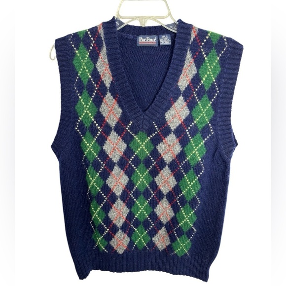 Vintage Par Four  SportsWear Wool Sweater Vest V Neck Large Mens Argyle Grandpa - Picture 10 of 13